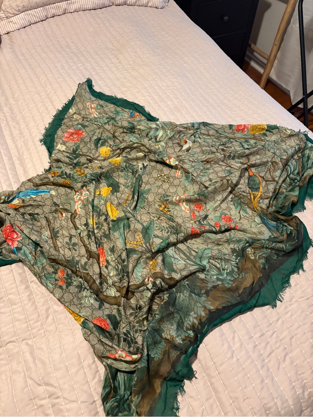 Gucci Green Floral & Bird Silk Scarf Wrap with Multicolor Accents